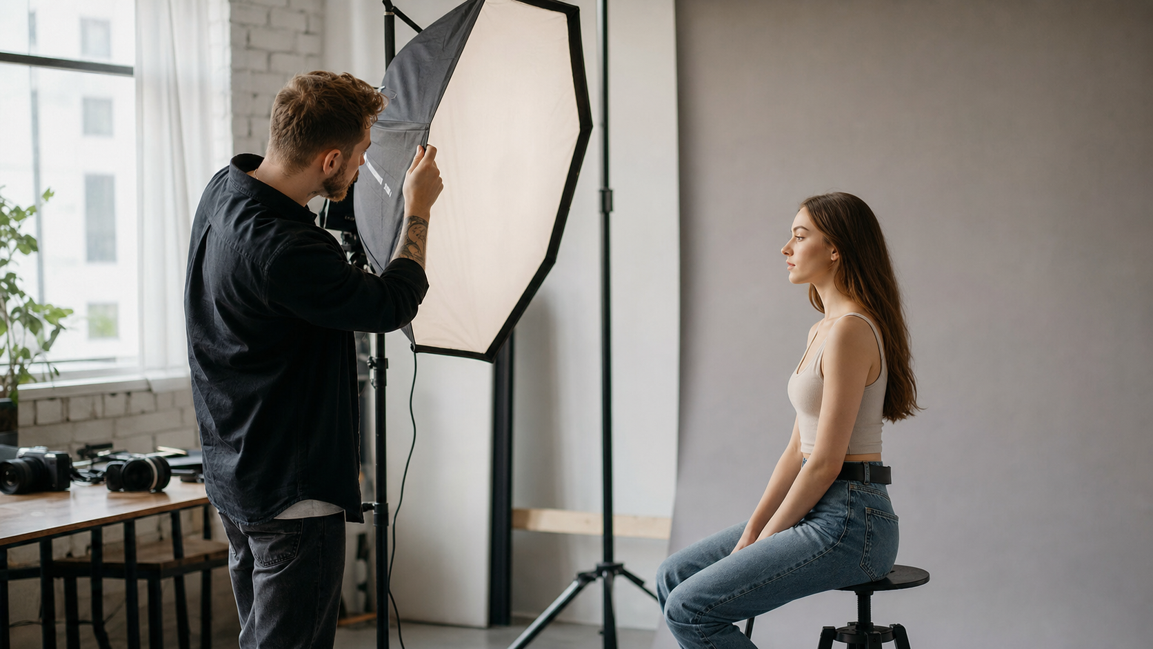 Servizio fotografico a colori nello studio Bianco e Nero di Aosta: fotografo regola una softbox accanto a una modella in posa